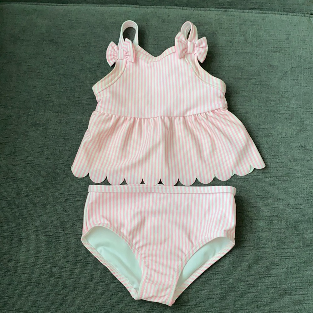Carter's Two Piece Baby Tankini Pink Stripes Scallops Bows 9M